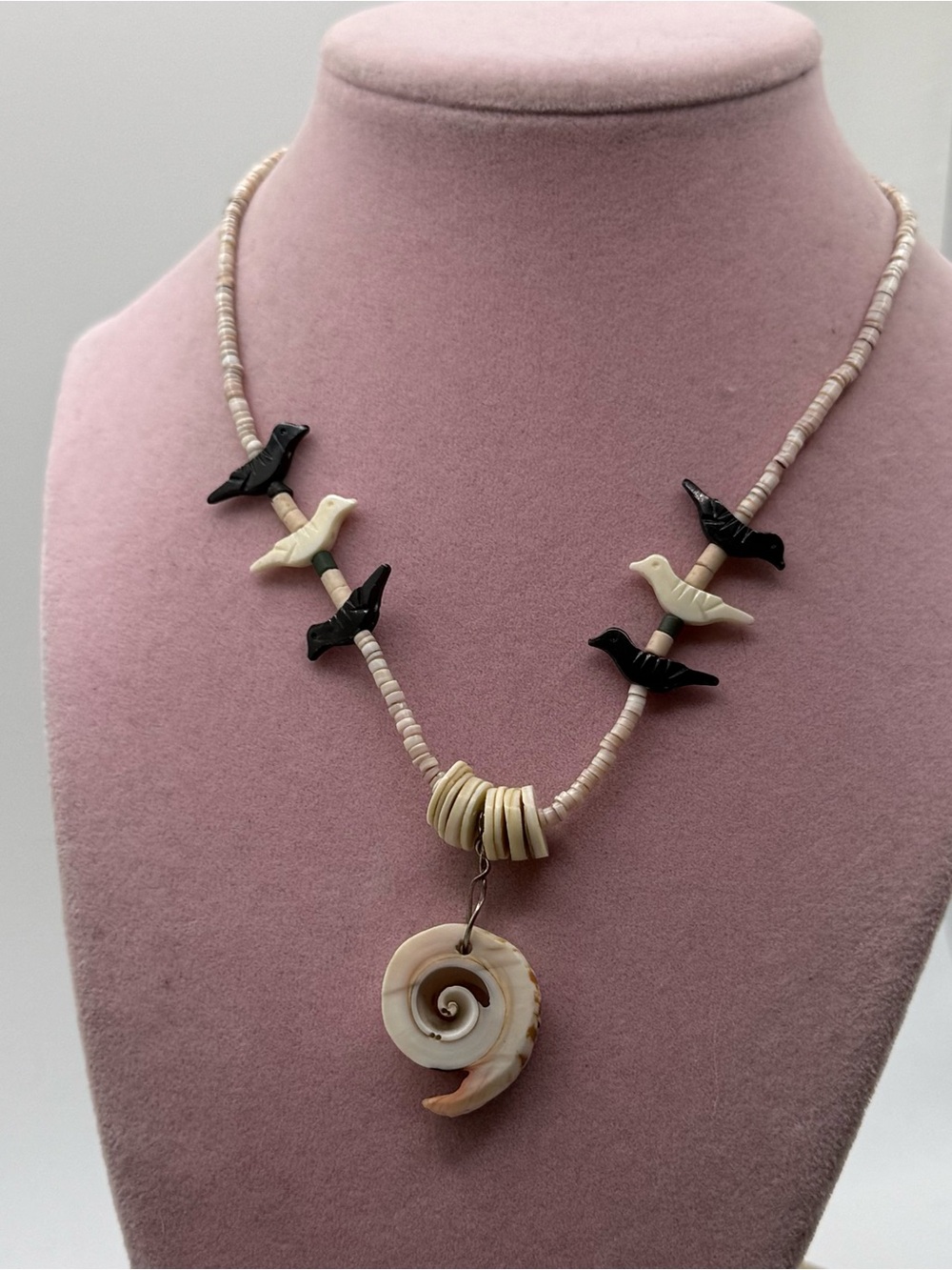 Handcrafted Cream and Black Shell Bird Necklace